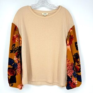Umgee Waffle Knit Top Floral Sleeve Blouse Oversized Small Brown Cream
